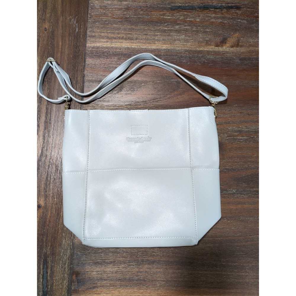 Threaded Pear Grey Faux Leather Bag Adjustable Strap Gold Hardware